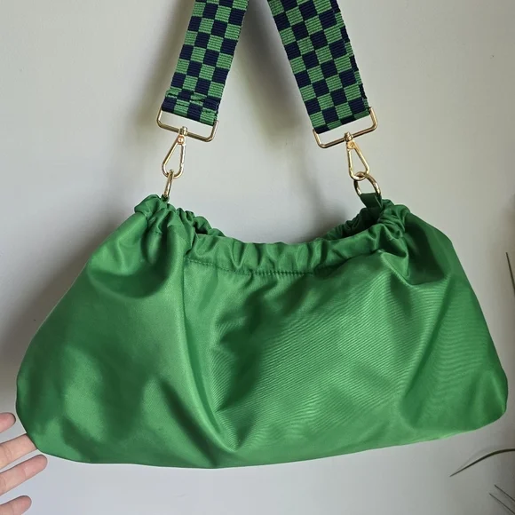 AhDorned, Kelly Green Drawstring Nylon Plaid Guitar Strap Crossbody Bag Tote - Picture 6 of 10